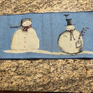 Debbie Taylor-Kerman Snowman Tapestry Table Runner Blue Winter Christmas 70x13